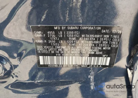 2024 Subaru Outback Premium from USA, damaged, VIN 4S4BTACC6R3241239